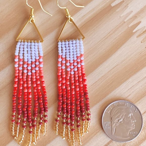 Gradient Colors Gold Triangle Body Hand Beaded Seed Bead Tassel Dangle Earrings - Picture 5 of 15
